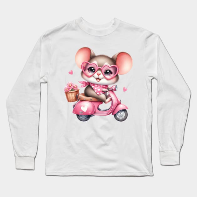 Valentine Mouse In Pink Scooter Long Sleeve T-Shirt by Chromatic Fusion Studio